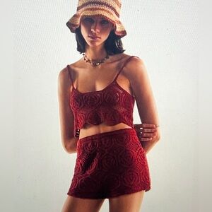 NWT Zara Burgundy Crochet Crop Top and Shorts Set